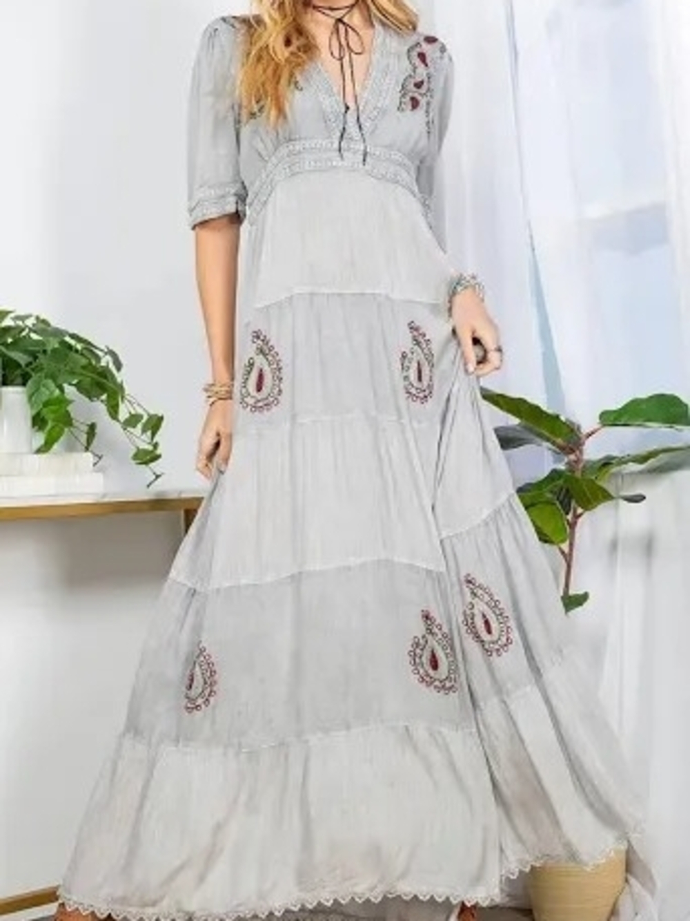 Young Threads Maxi Dress in Light Gray with Embroidered Accents